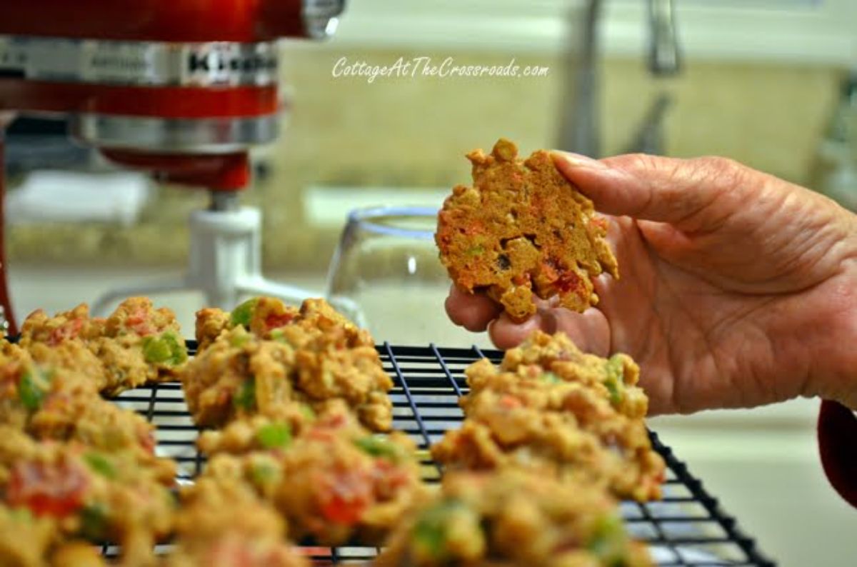 Jean's fruitcake cookies on a resting grid.