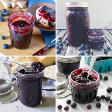 Four images of canned blueberries.