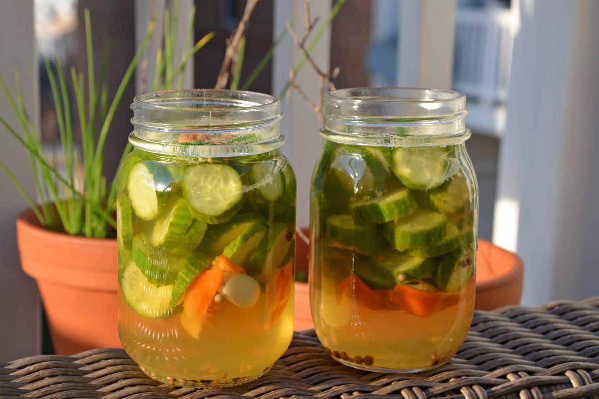 Honey habanero pickles in two glass jars.