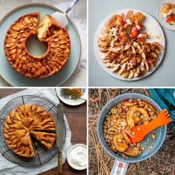 Four images of dehydrated apple desserts.