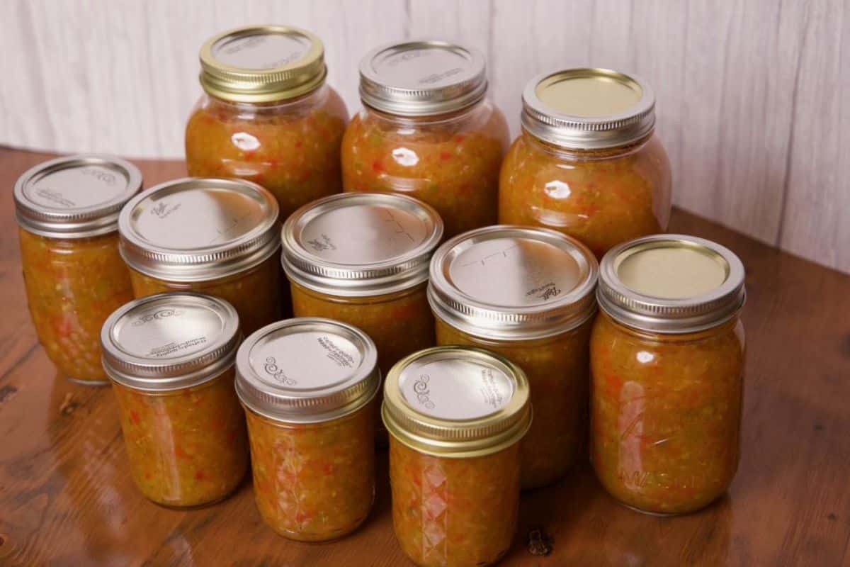 Fall garden relish canned in glass jars.