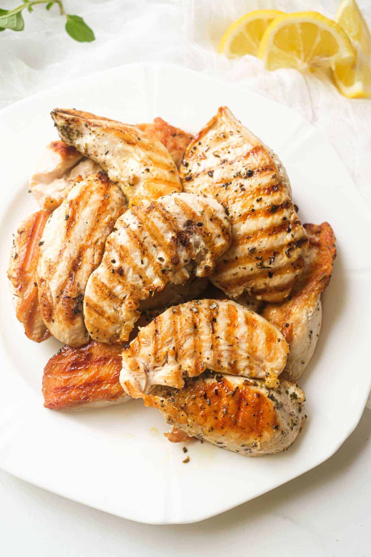 Lemon oregano grilled chicken tenders on a white plate.