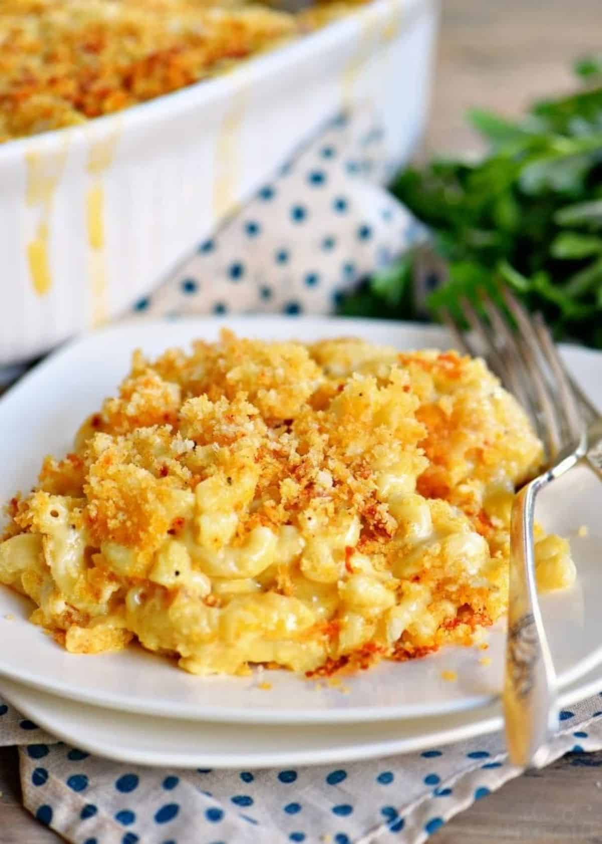 Baked mac and cheese on a white plate.