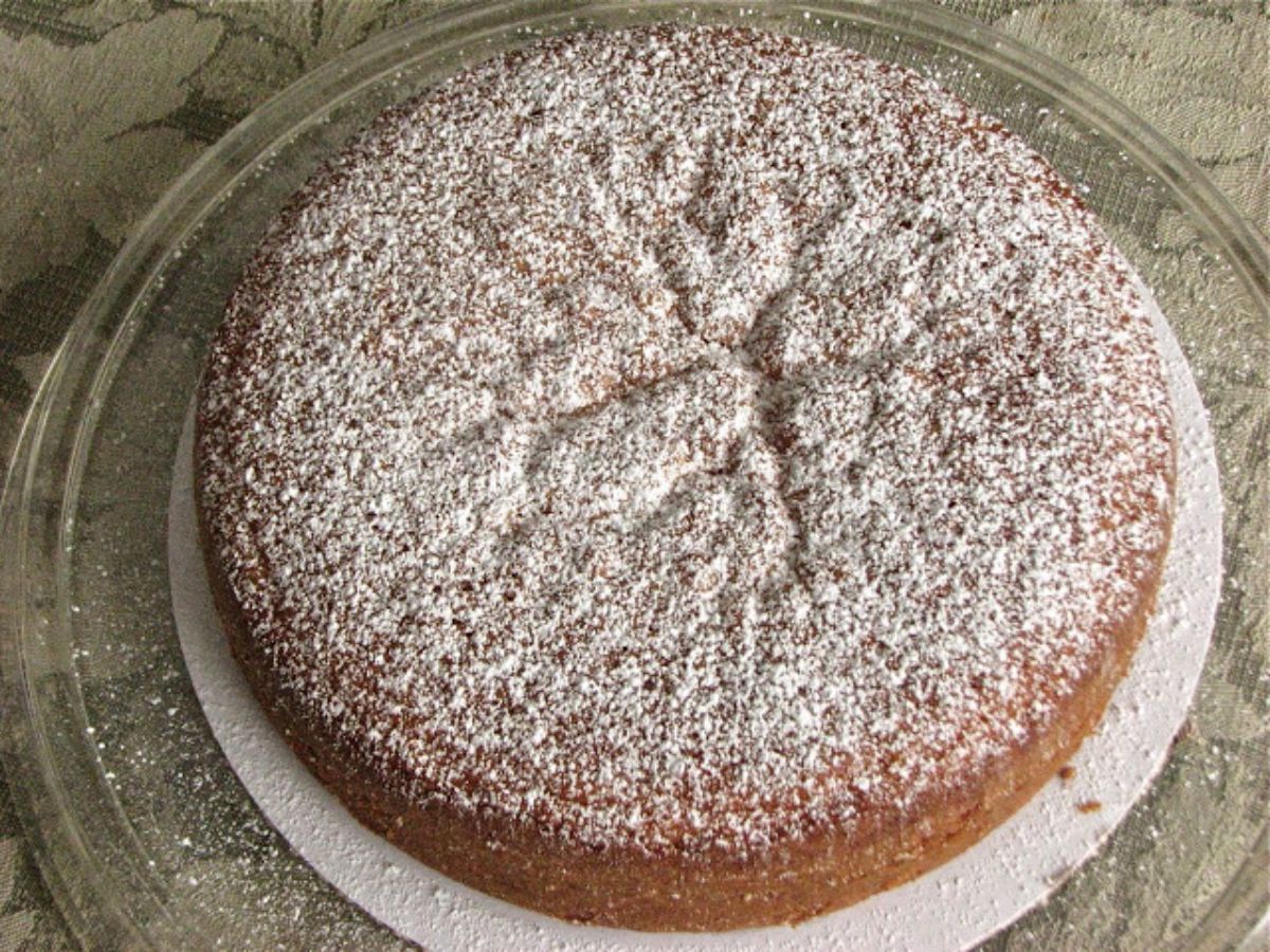 Almond paste cake on a cake tray.
