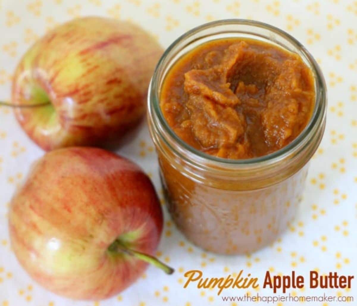 Yummy stovetop pumpkin apple butter in a glass jar.