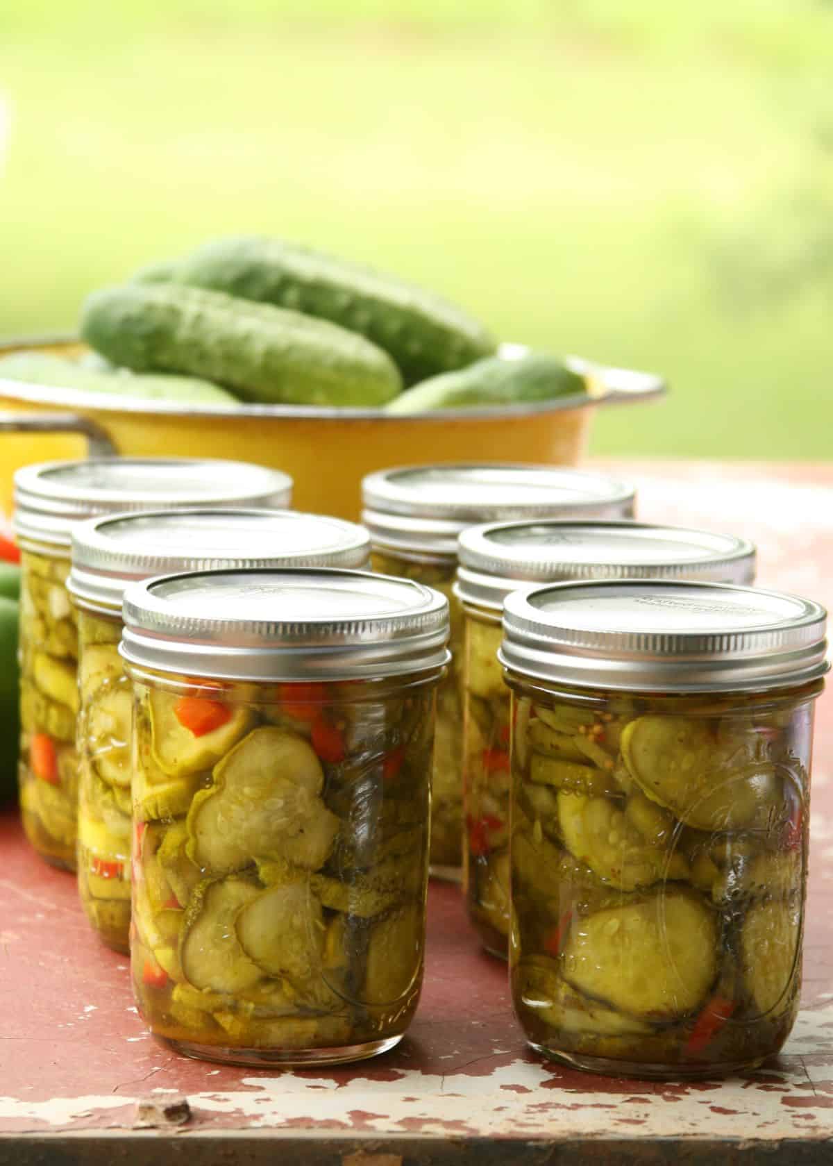 Bread and butter pickles in glass jars.