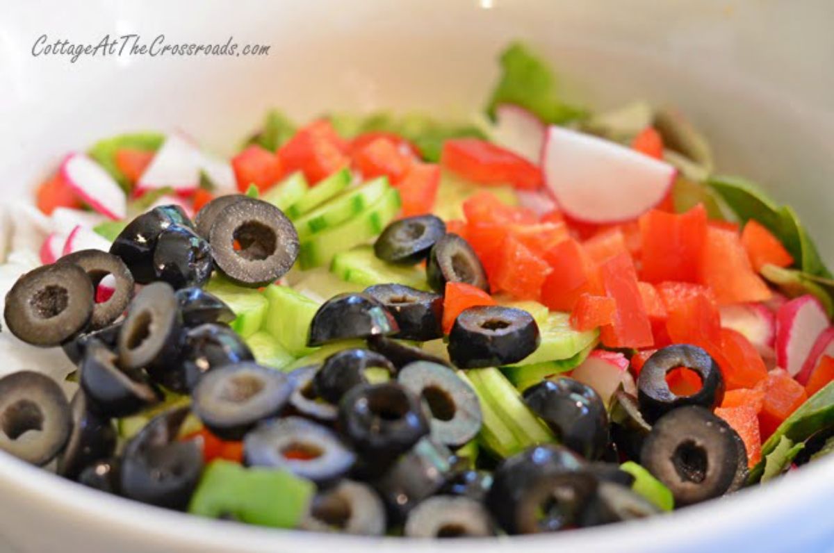 Tortellini mozzarella garden salad in a white bowl.