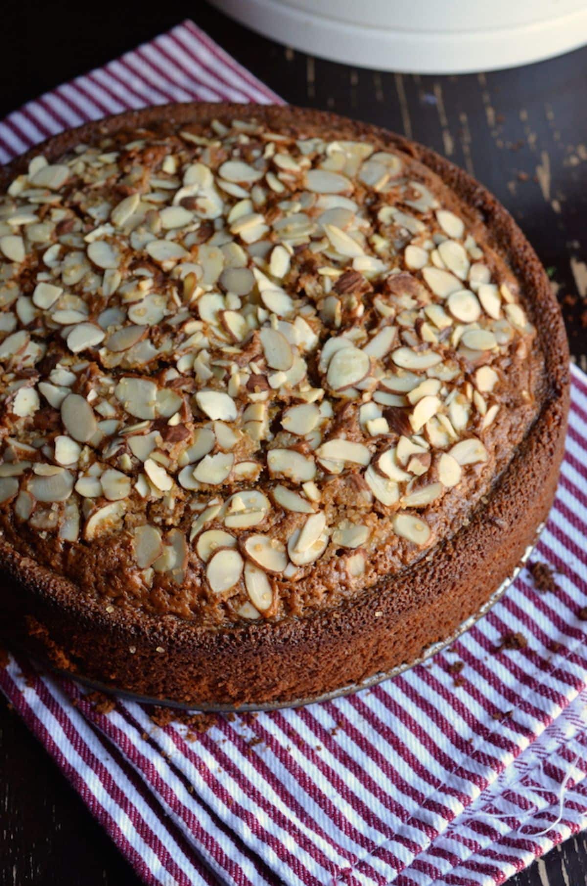 French almond paste cake on a wooden table.