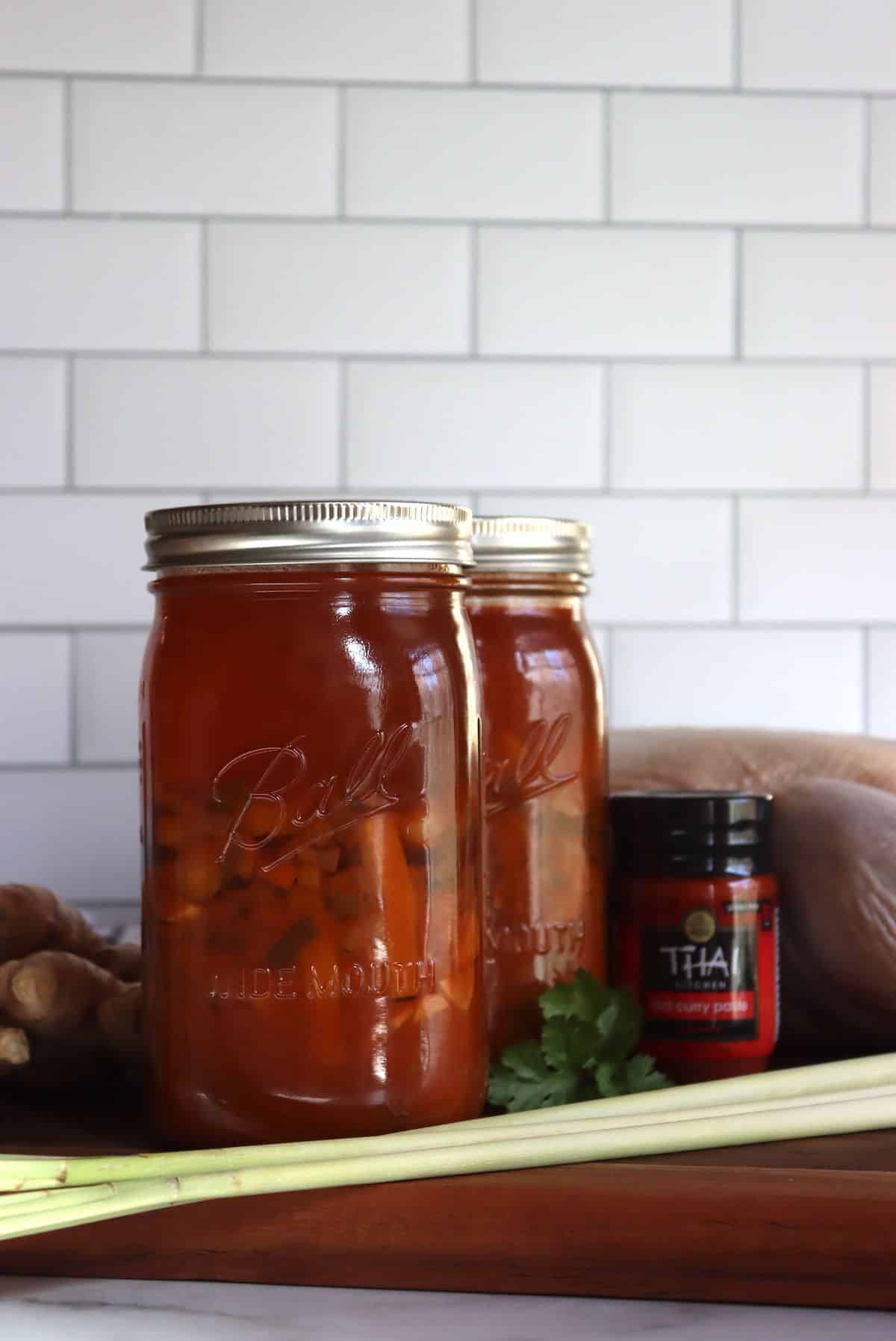 Thai red curry duck (or chicken) canned in glass jars.