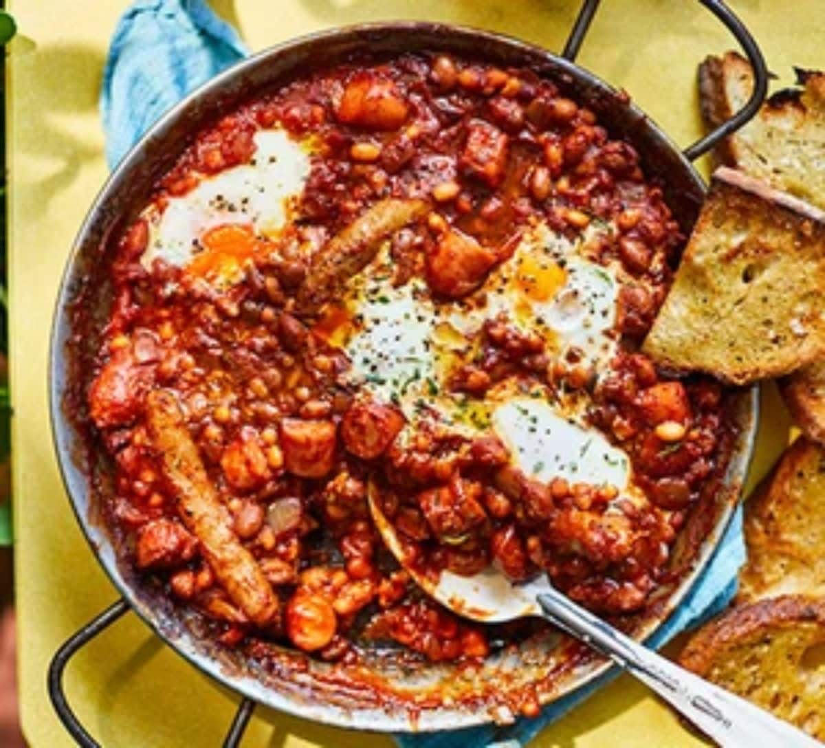 Campfire smoky bean hash in a skillet.