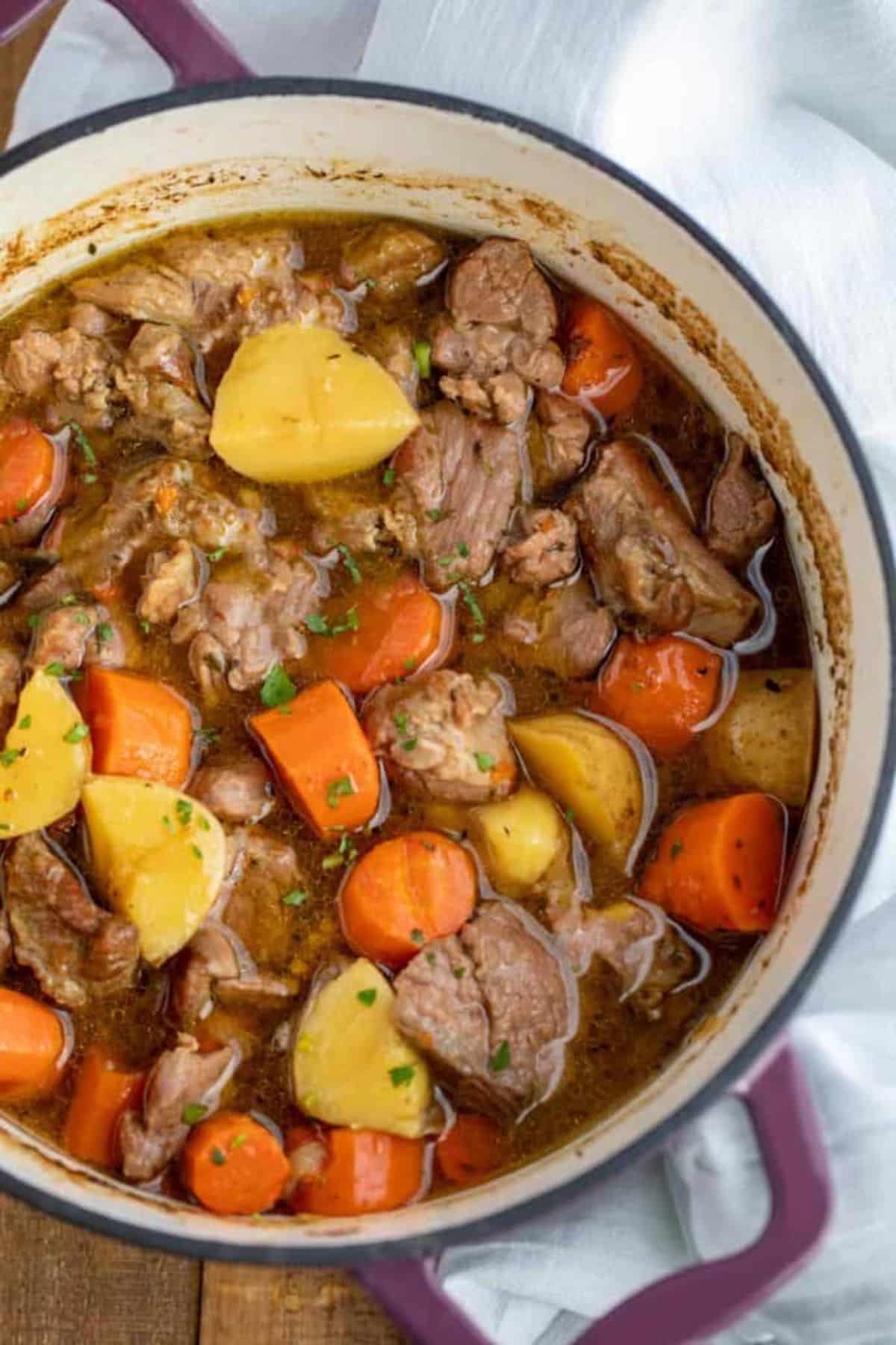 Healthy lamb stew in a pot.