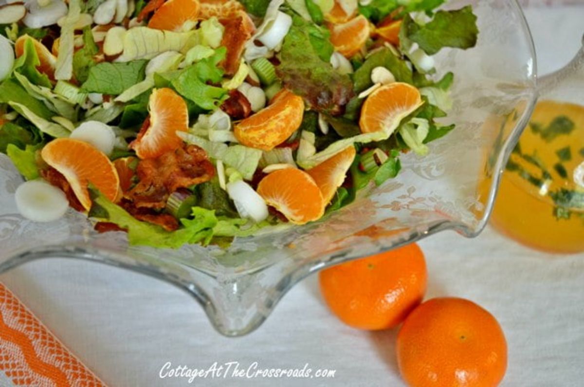 Mandarin orange salad in a glass bowl.