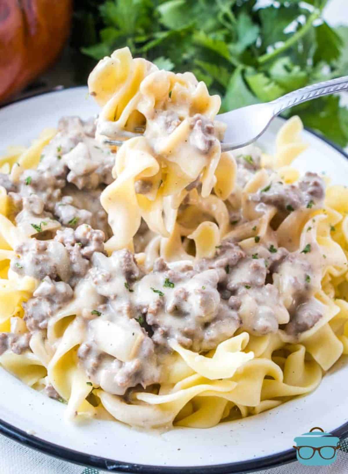 Ground beef stroganoff on a white plate picked on a fork.