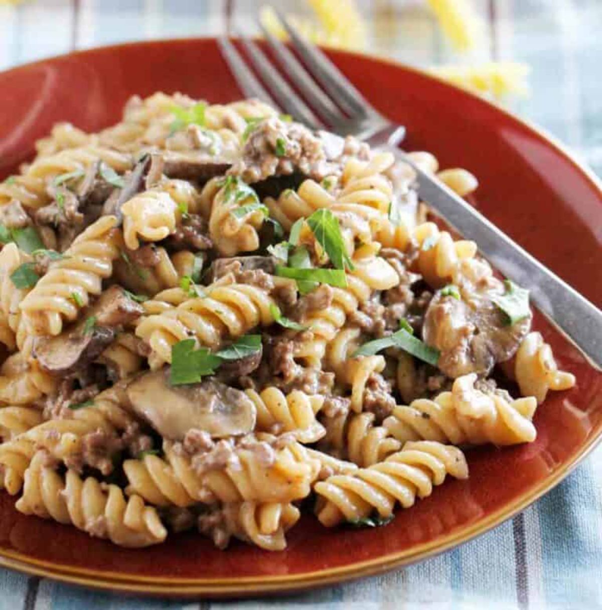 Delicious beef stroganoff on a red plate with a fork.