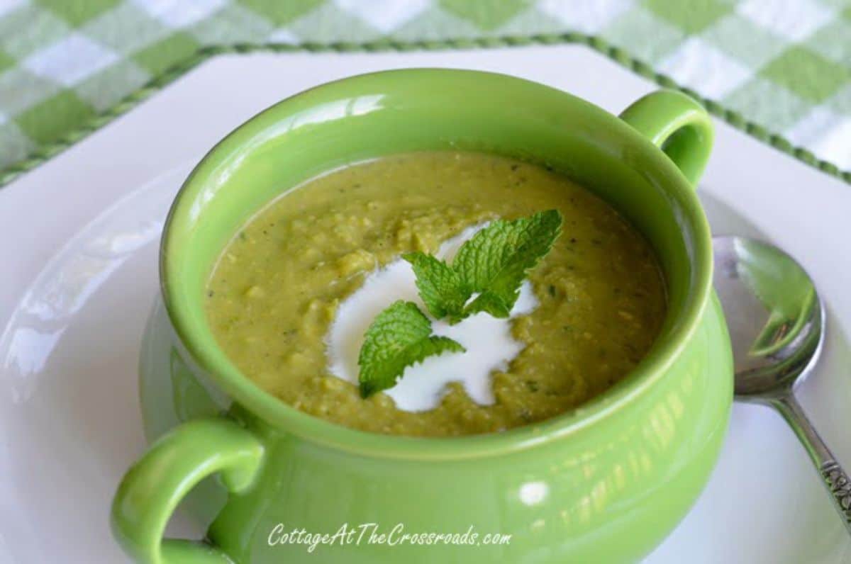 Chilled minty pea soup in a green pot.
