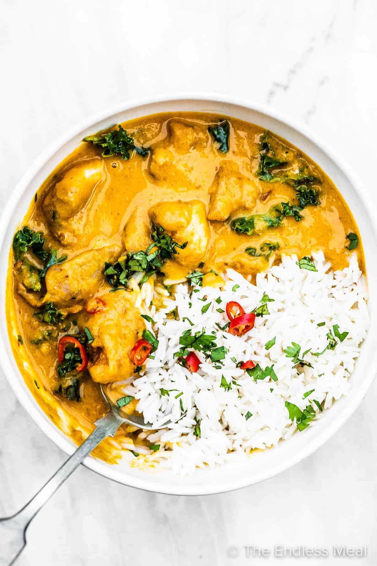 Healthy crockpot thai chicken curry in a white bowl with a spoon.