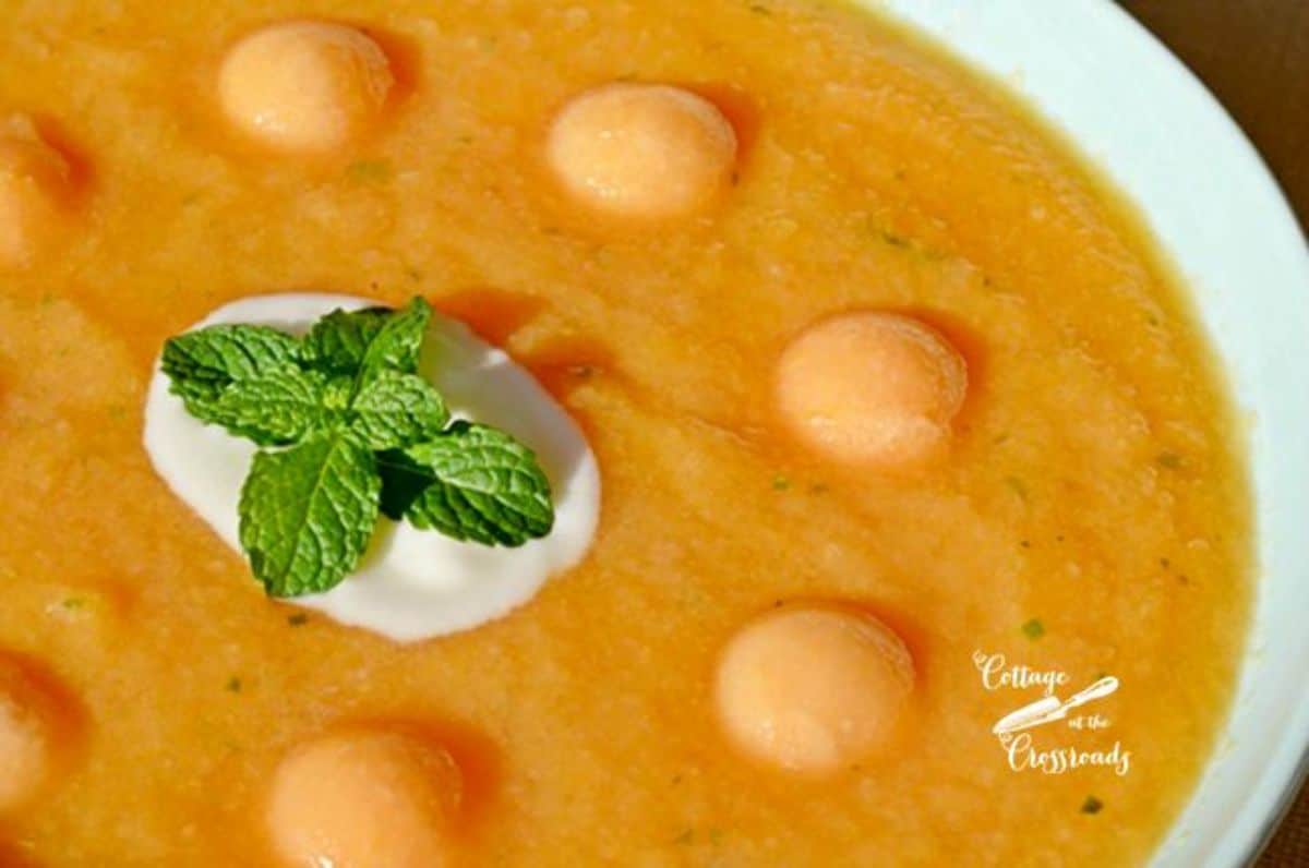 Scrumptious peach cantaloupe soup in a white bowl.