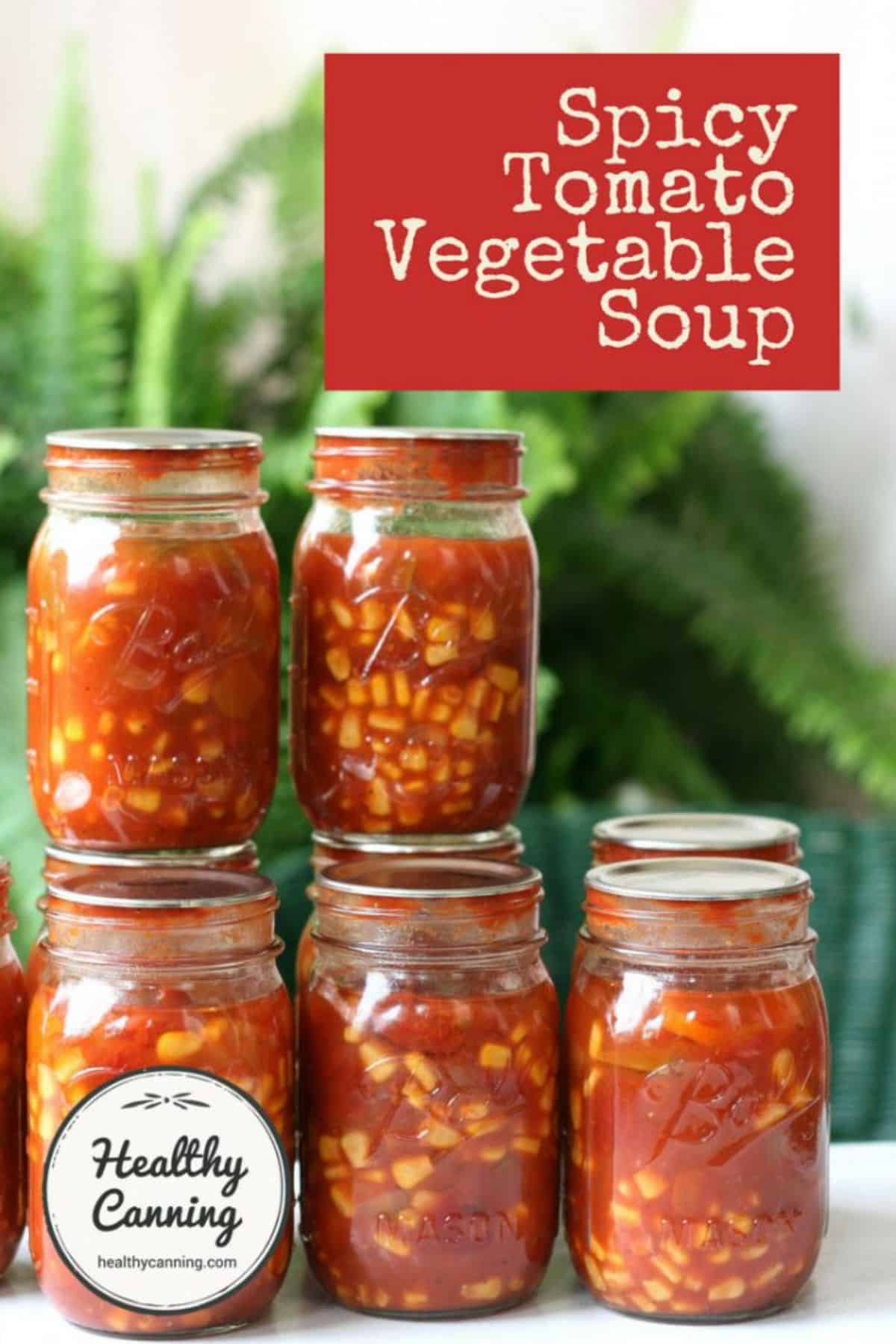 Canned spicy tomato vegetable soup in glass jars.