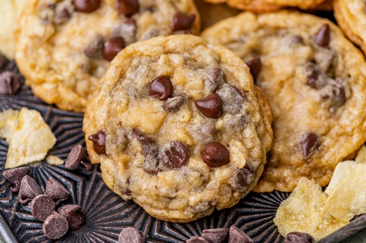 Crunchy potato chip cookies on a tray.