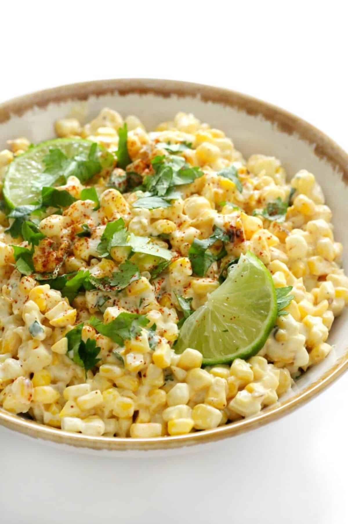 Mexican street corn salad in a bowl.