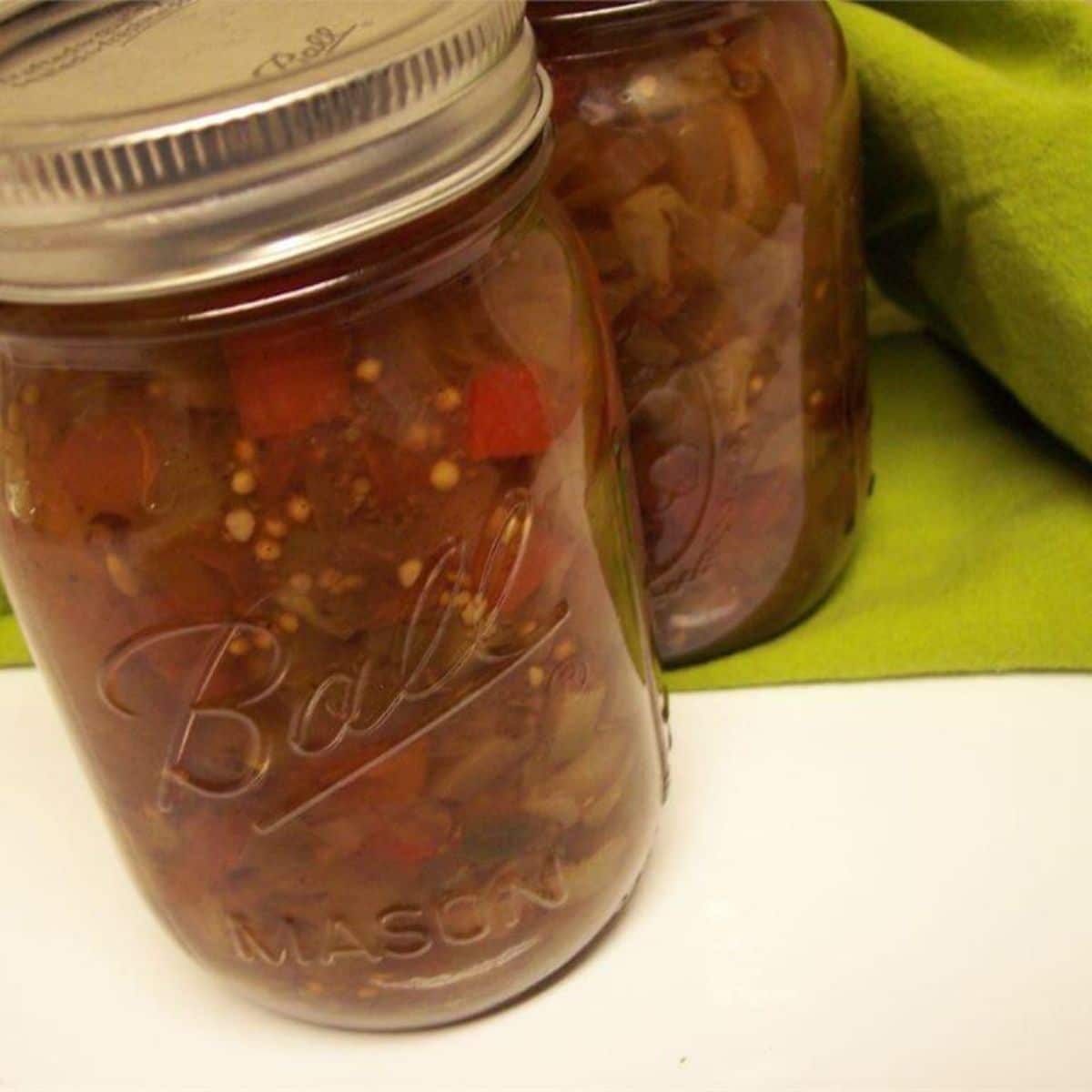 ‘rummage’ relish canned in two glass jars.