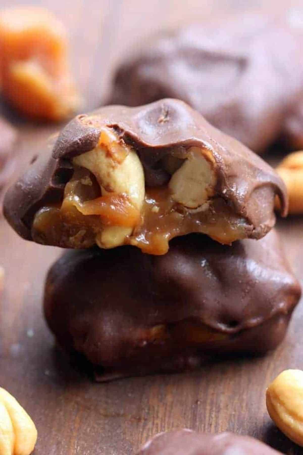 Scrumptious caramel cashew clusters on a table.