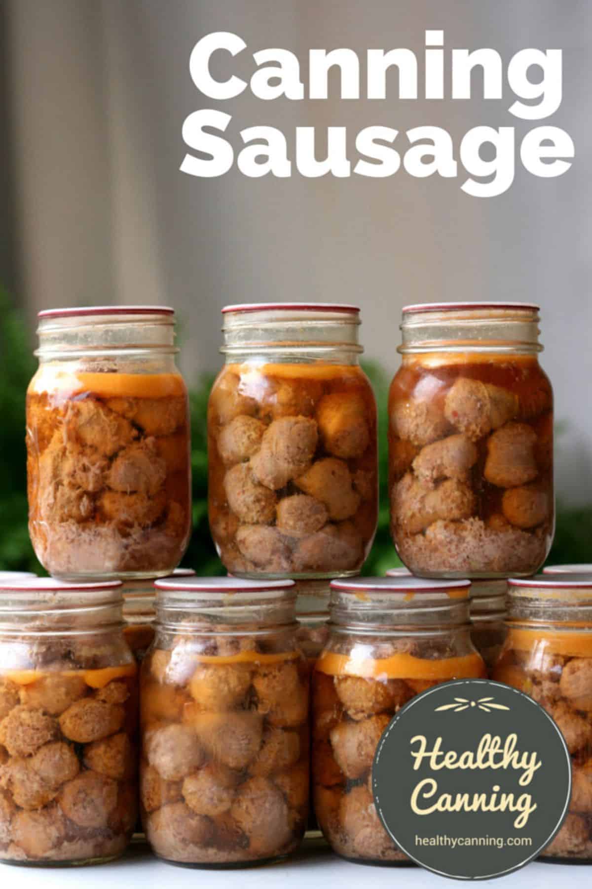 Canned sausage in glass jars.