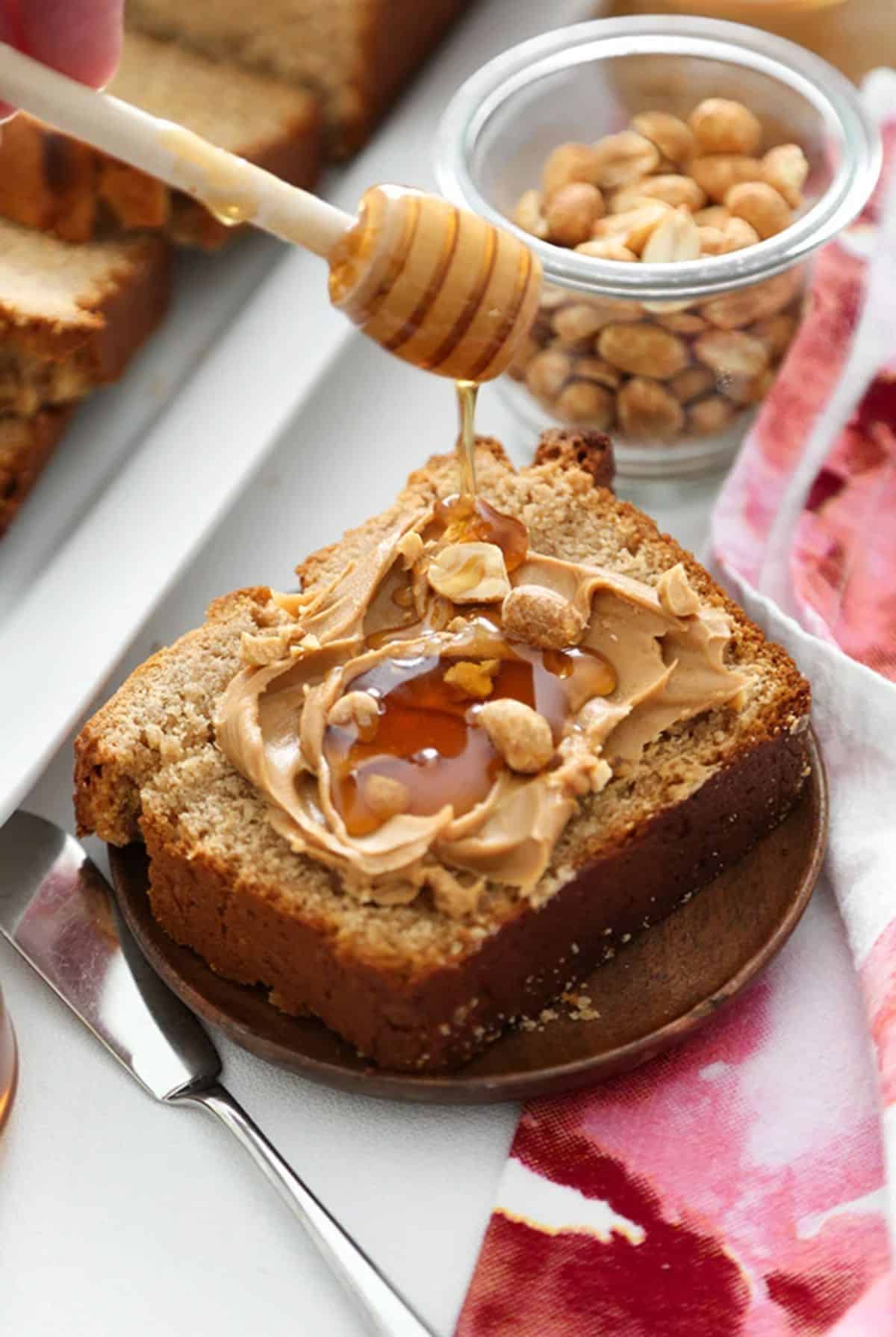 Delicious peanut butter bread drizzled with honey.