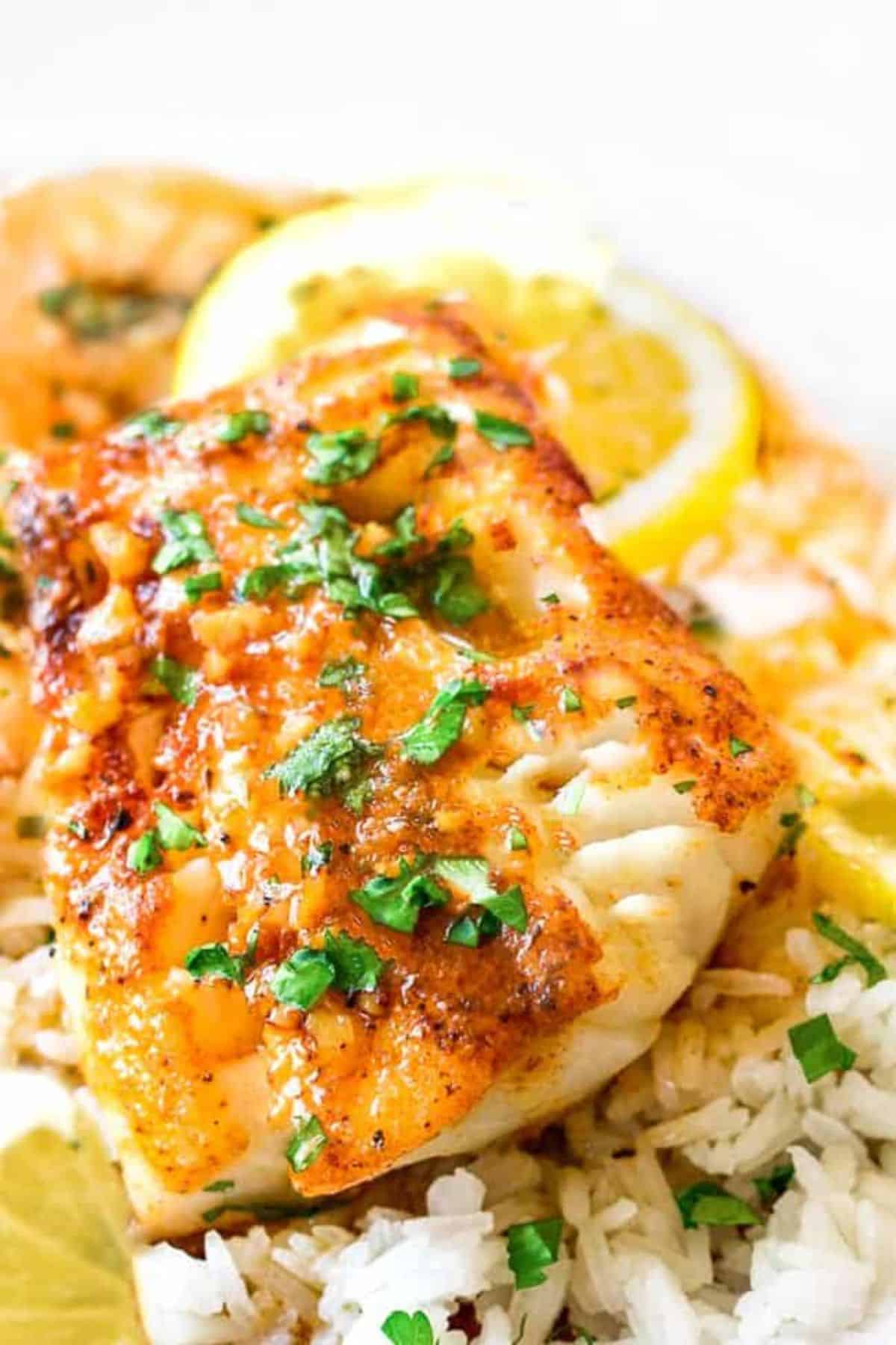 Simple garlic butter cod filets with rice.