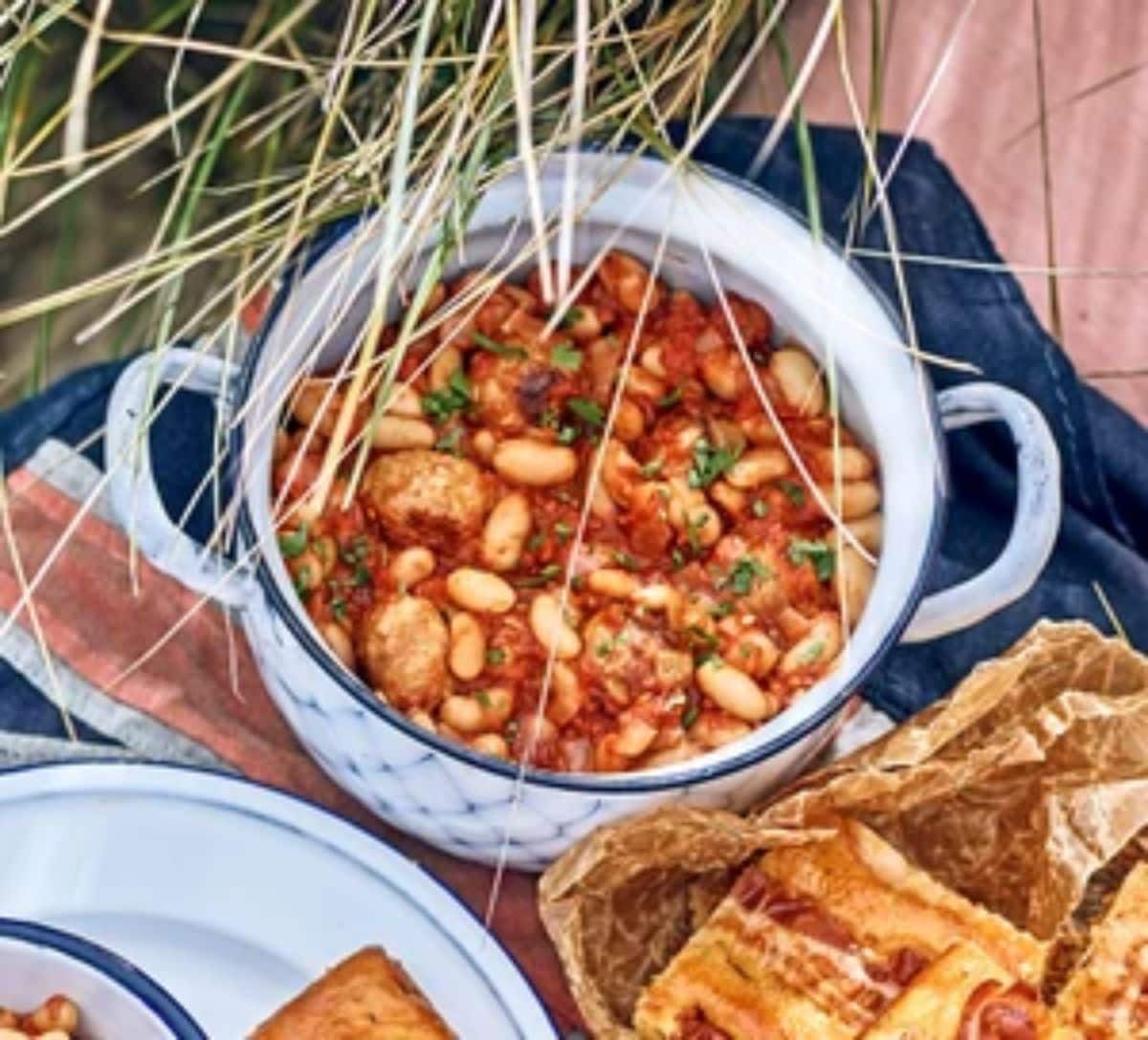 One-pan smoky beans & sausage meatballs in a pot.