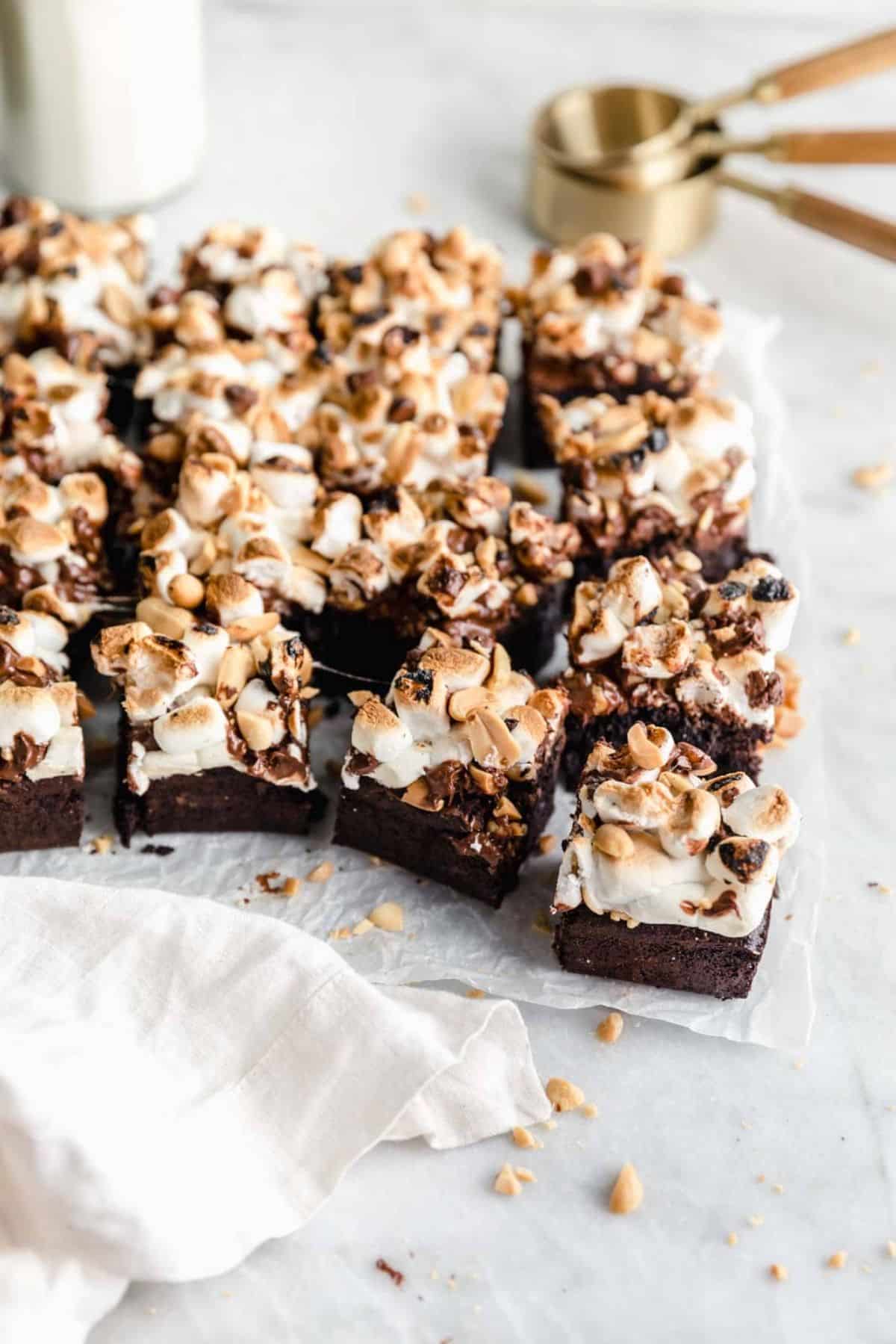 Delicious rocky road brownies on a table.