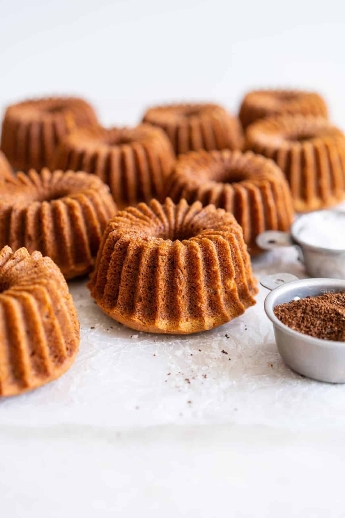 Delicious mini banana bundt cakes on a table..