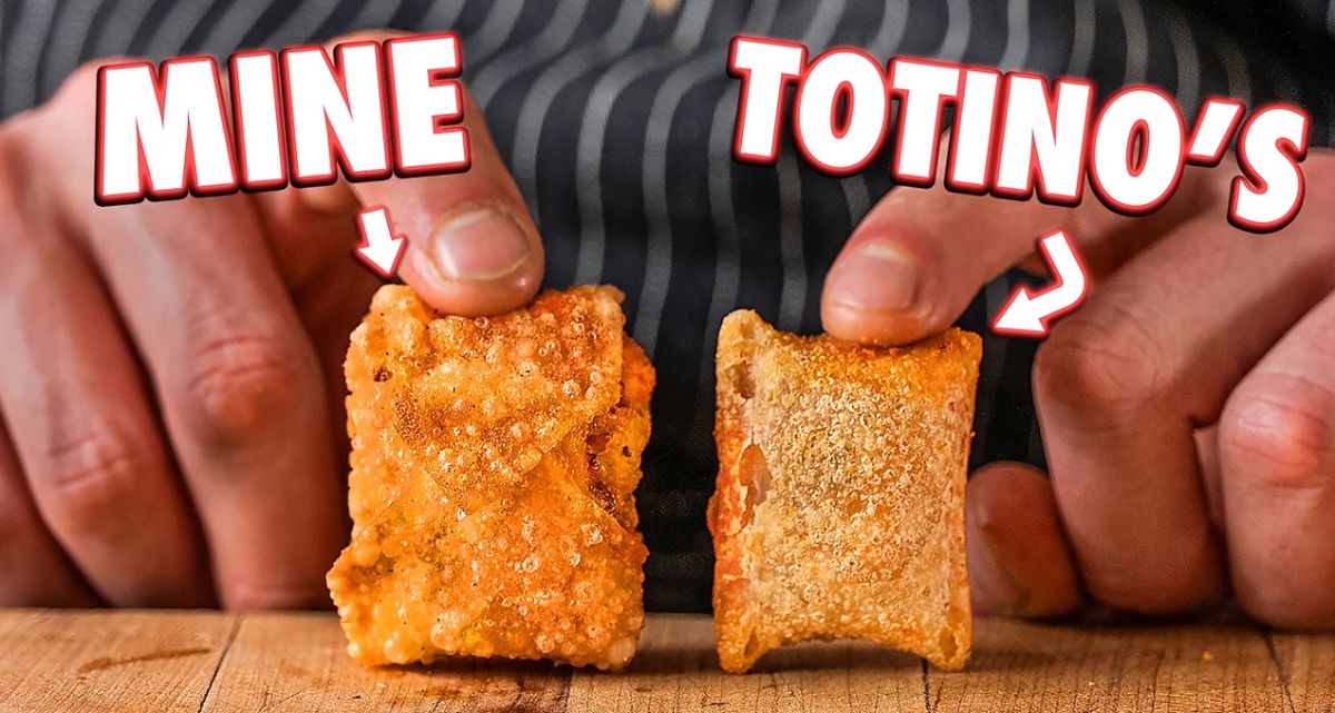 Crispy pizza rolls touched by hands.