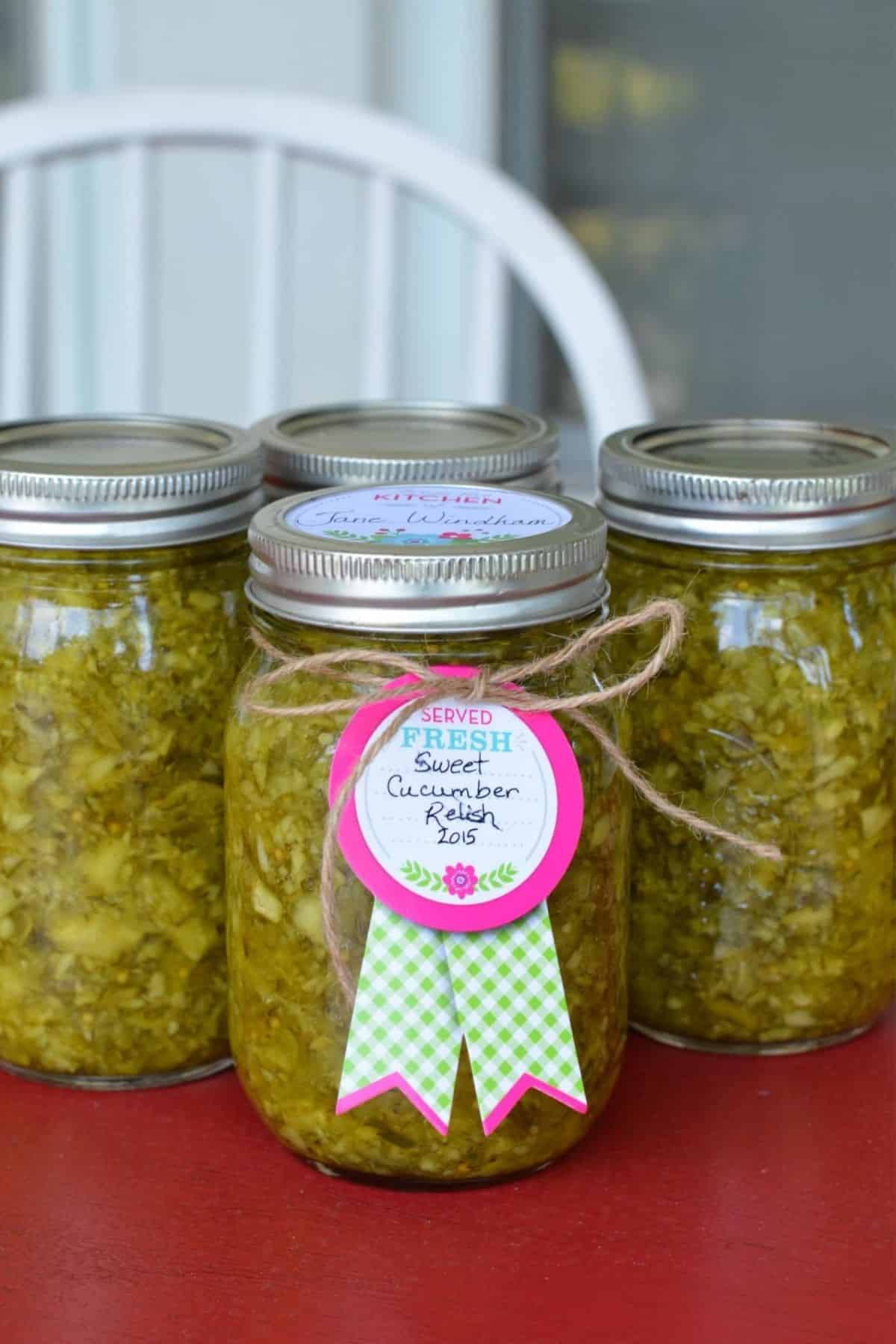 Sweet cucumber relish in glass jars.