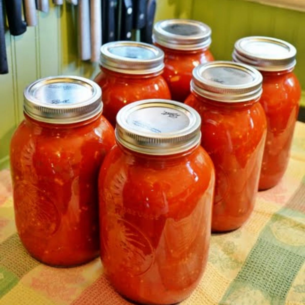 A bunch of homemade canned spaghetti sauce in glass jars.