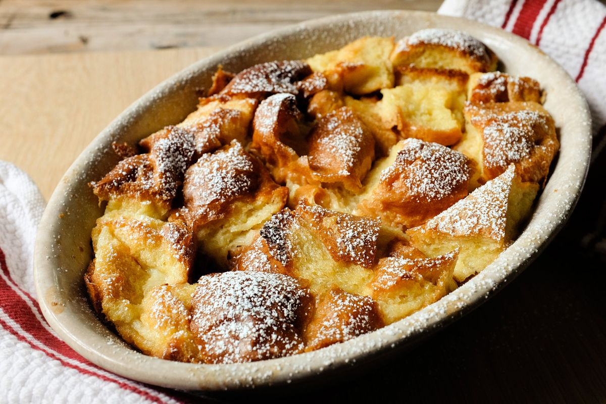 Scrumptious bread pudding in a bowl.