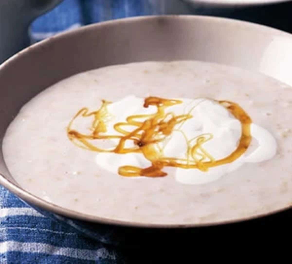 Delicious porridge in a gray bowl.