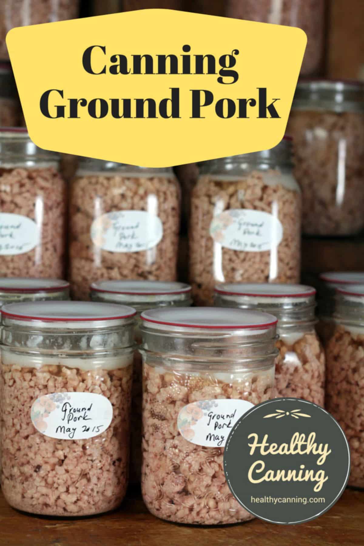 Canned ground pork in glass jars.