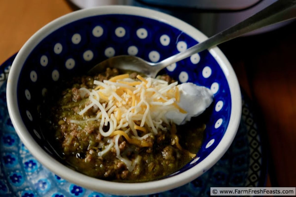 Green tomato garlic chili in a white-blue bowl with a spoon.