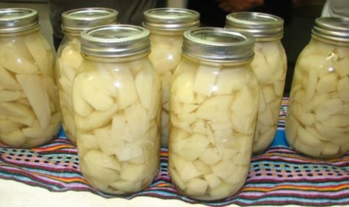 Canned white potatoes in glass jars.