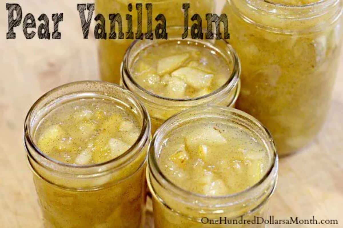 Vanilla pear jam in glass jars.