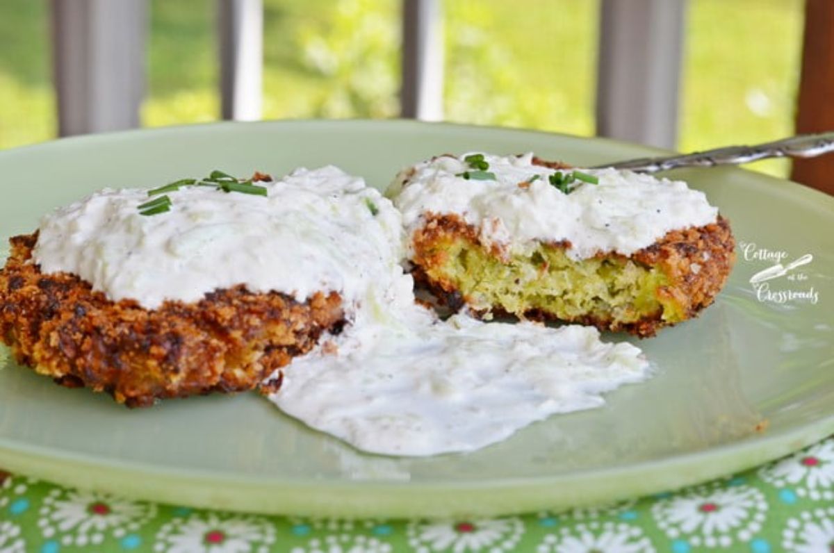 Delicious garden pea fritters in a green plate.