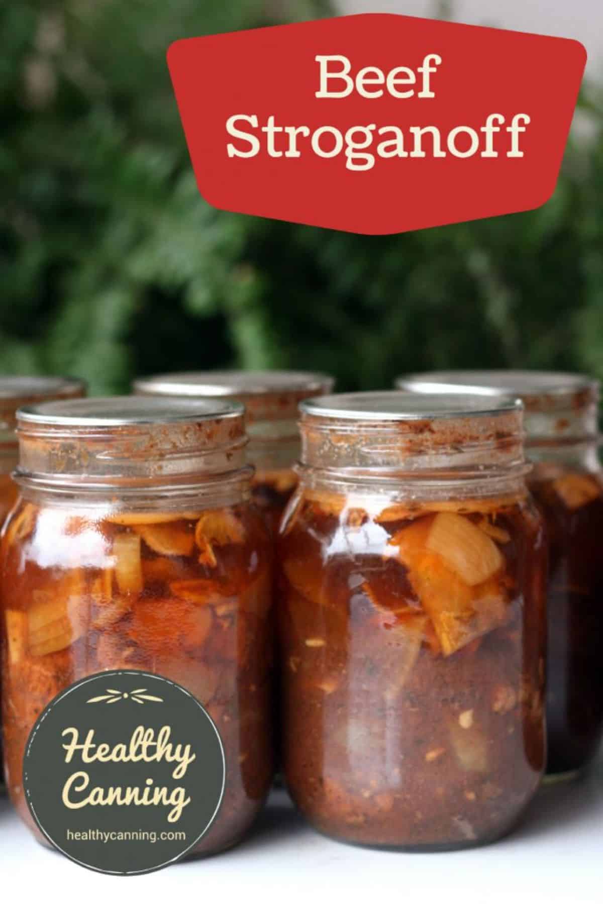 Beef stroganoff in glass jars.