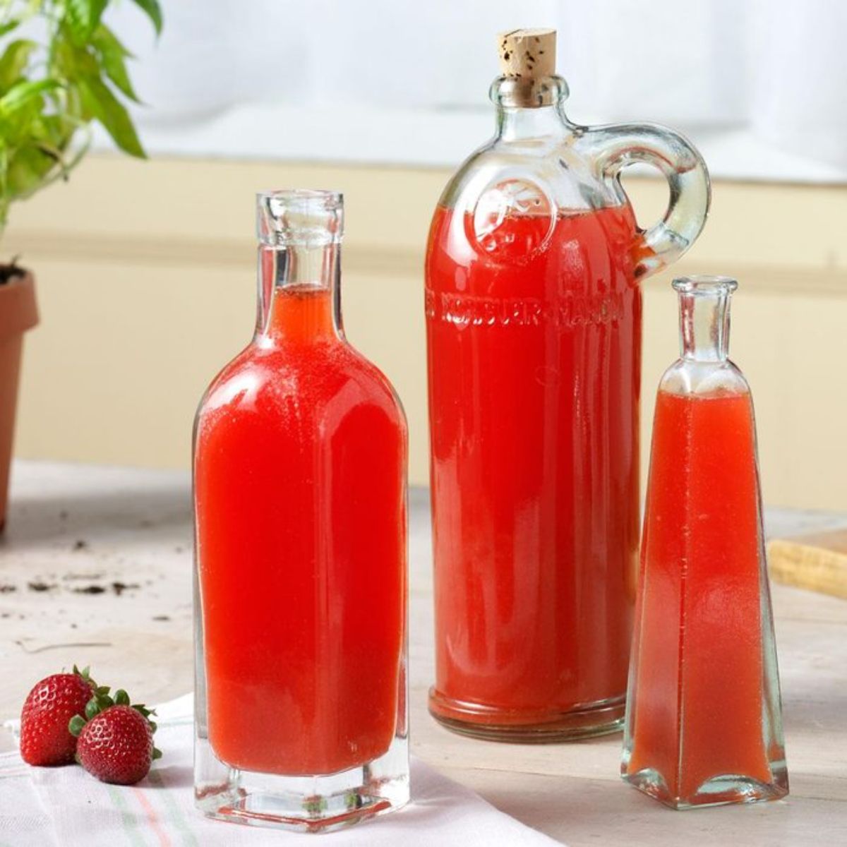 Strawberry basil vinegar in three glass jars.