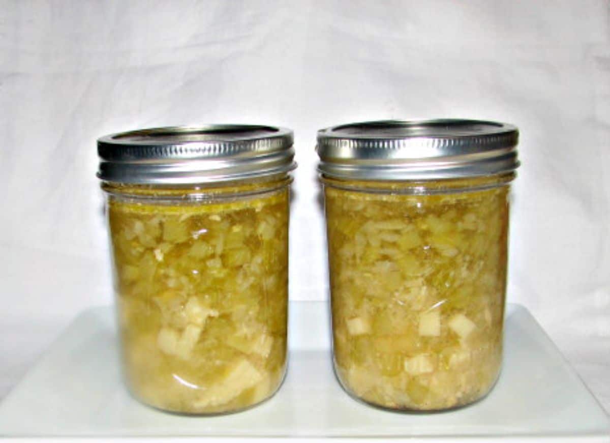 Canned celery soup in glass jars.