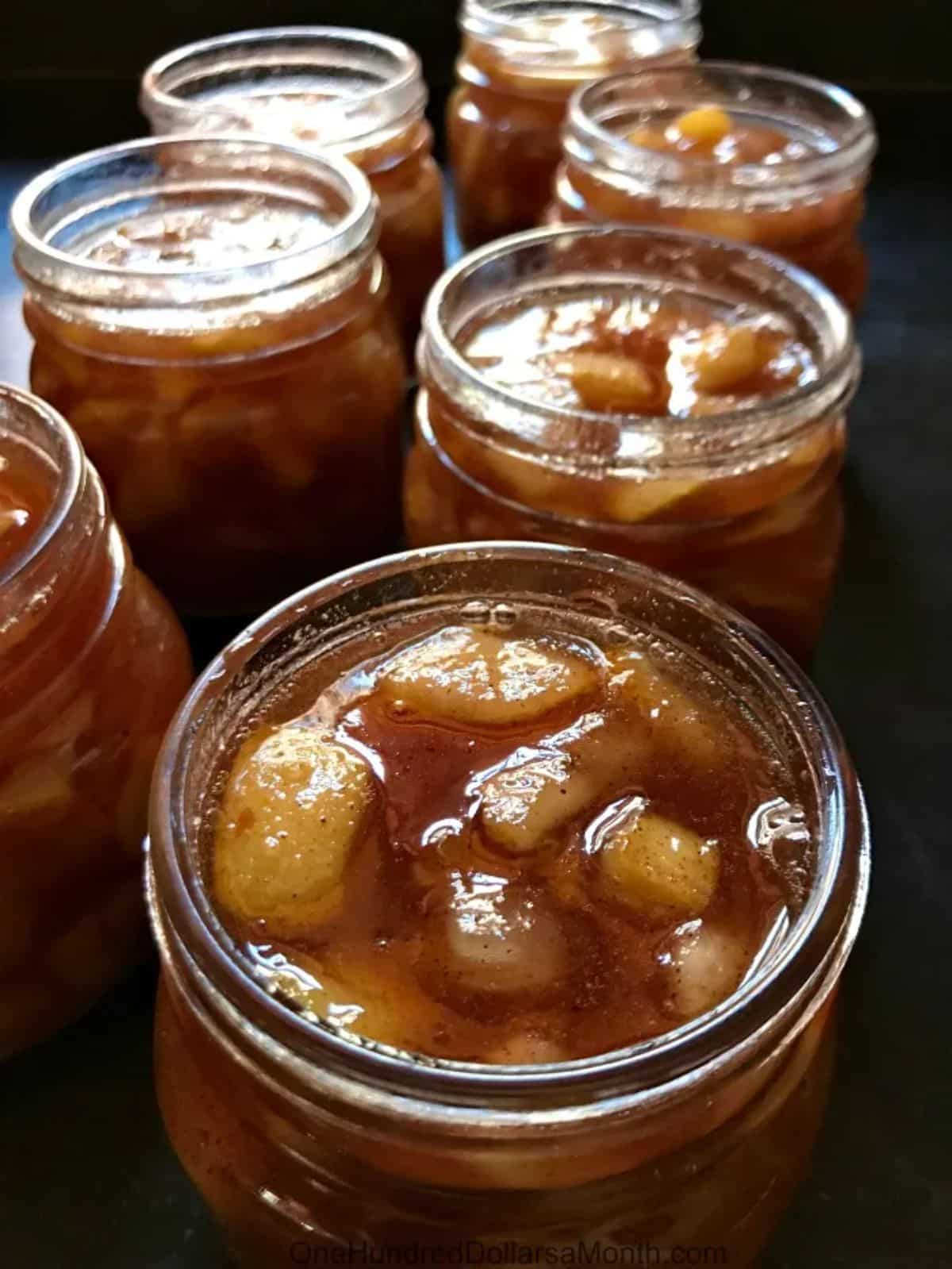 Spiced pear jam in glass jars.