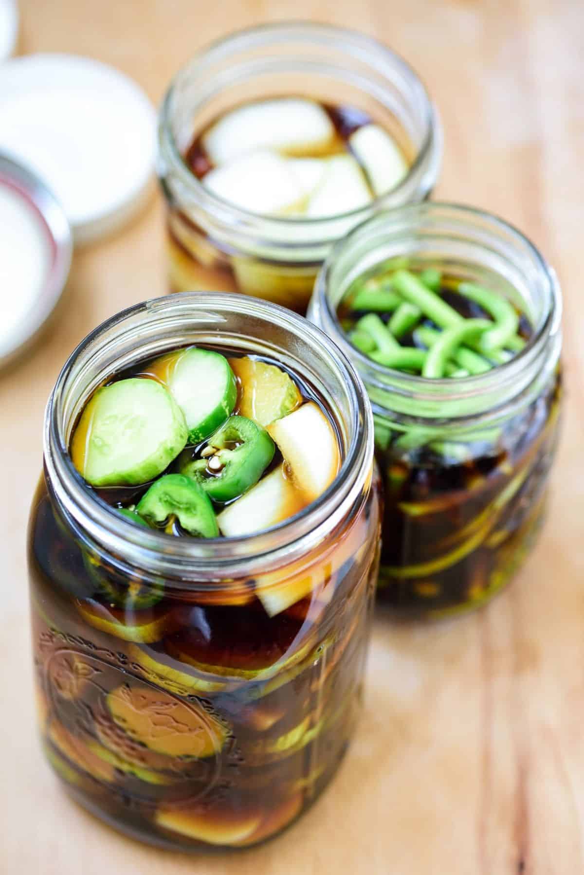 Jangajji korean pickled in glass jars.