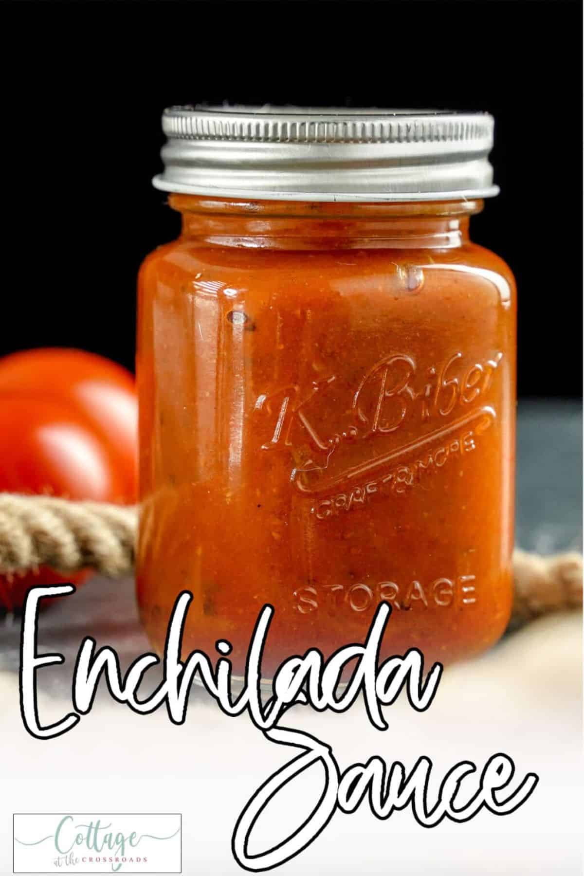 Enchilada sauce in a glass jar.