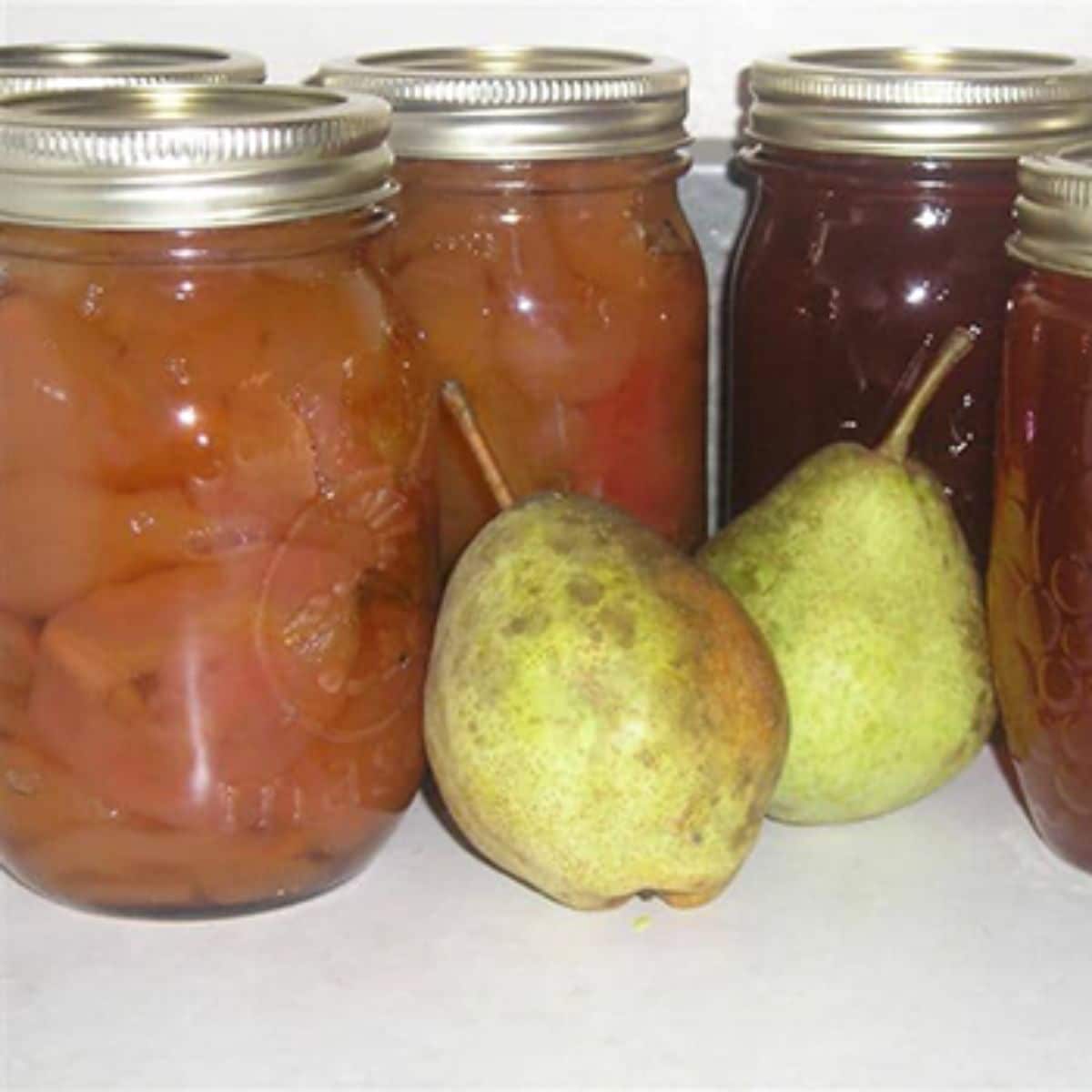 Amish ginger pears in glass jars.