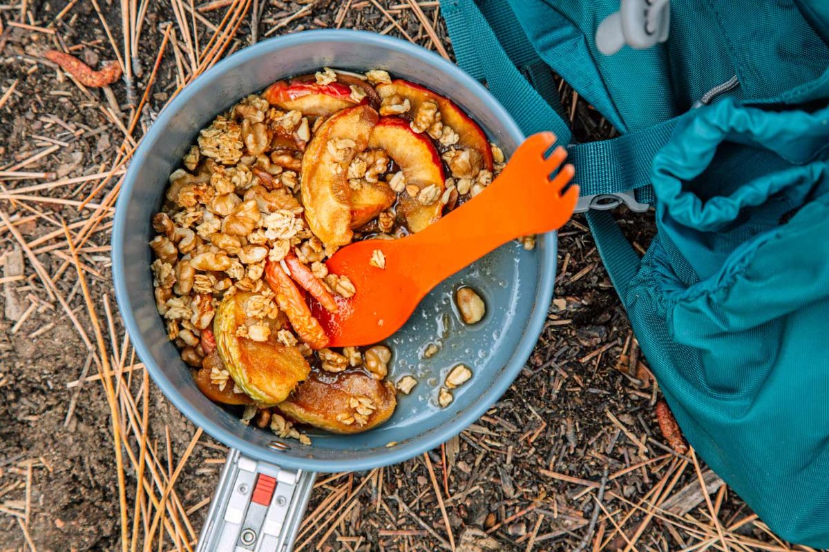 Backpacker's apple crisp in a pan.